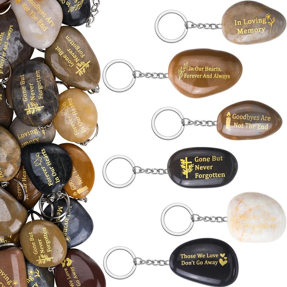 5341 36 Pcs Memorial Stones Keychains River Stone Key Rings Inspirational
